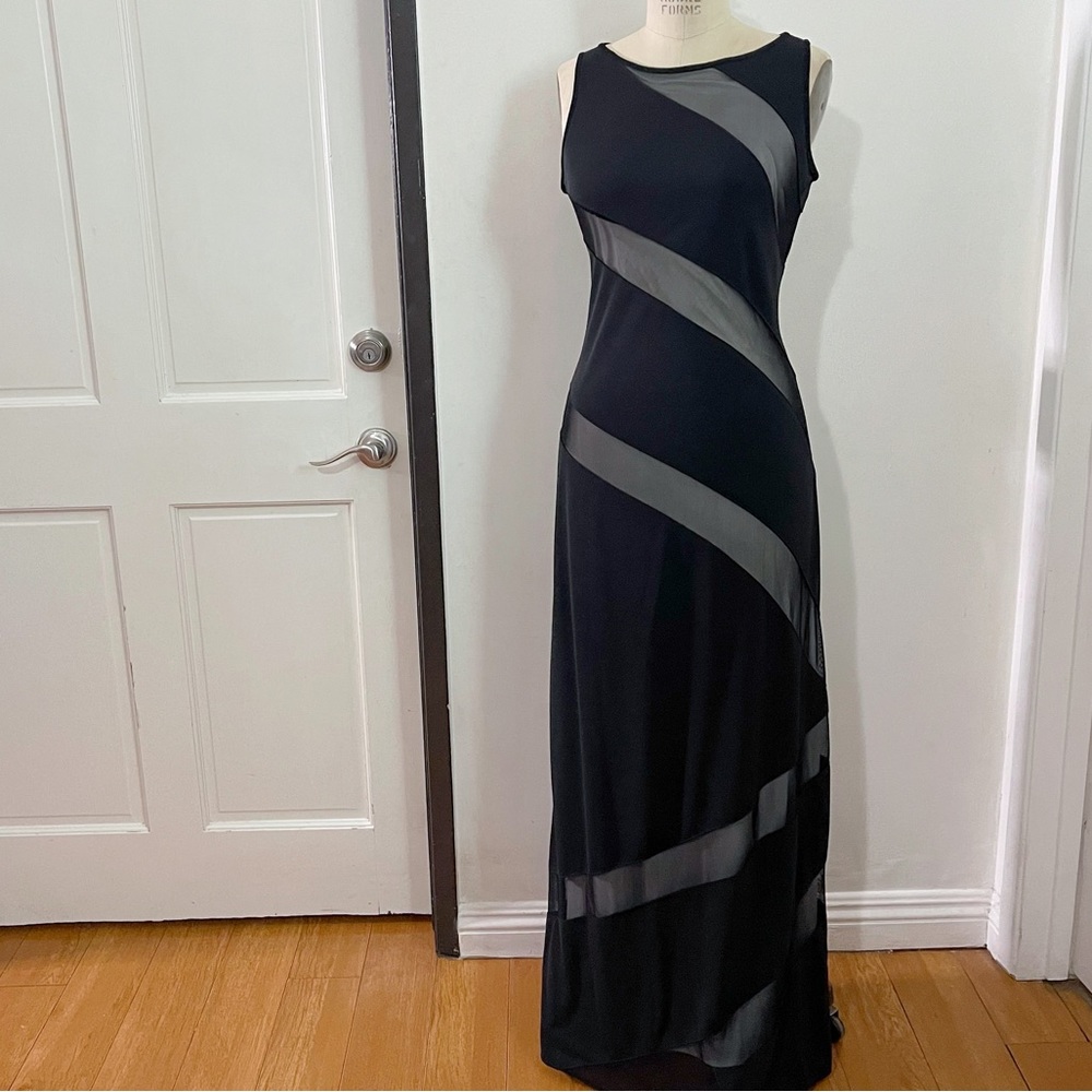 JS Collection Black and Tan Illusion Evening Gown with Mesh Panels